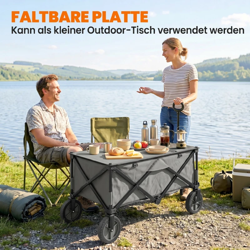 Outsunny Bollerwagen, klappbar, 5 Seitentaschen, einziehbare Griff, bis 120 kg, Stahl, dunkelgrau, 100 x 55 x 93 cm