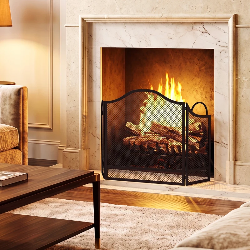 HOMCOM Parachispas para Chimenea Plegable de 3 Paneles, en Metal Pintado, Listo para Usar, 122x1x74 cm, Negro