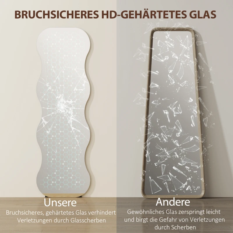 HOMCOM Spiegel voor het hele lichaam zonder frame, houten basis, flexibel plaatsbaar, golvende vorm, zwart