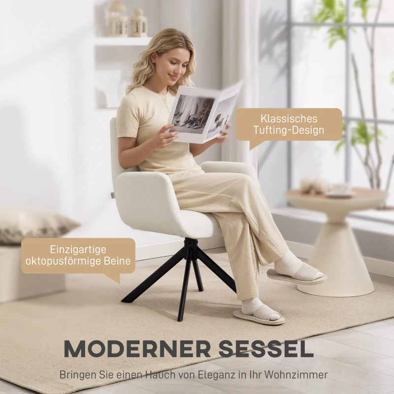 HOMCOM Gepolsterde fauteuil, accentfauteuil, modern design, draaibaar, tot 120 kg, crèmewit