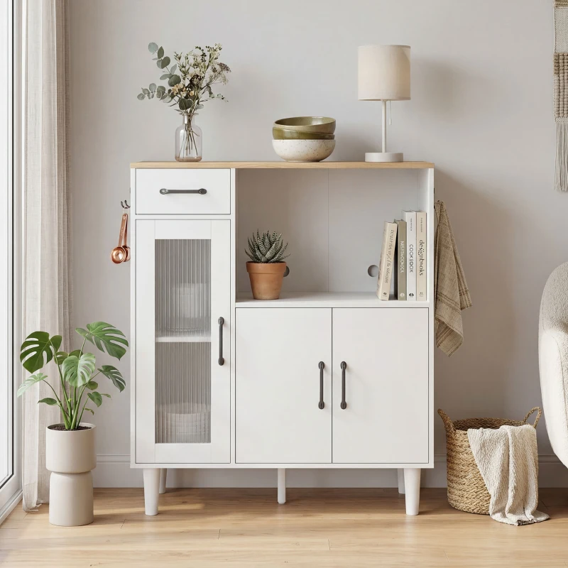 HOMCOM Dressoir Keukenkast met Lade, 2 Kasten, Open Vak, Geribbelde Acrylglasdeur 80 x 34 x 91 cm Wit+Eiken