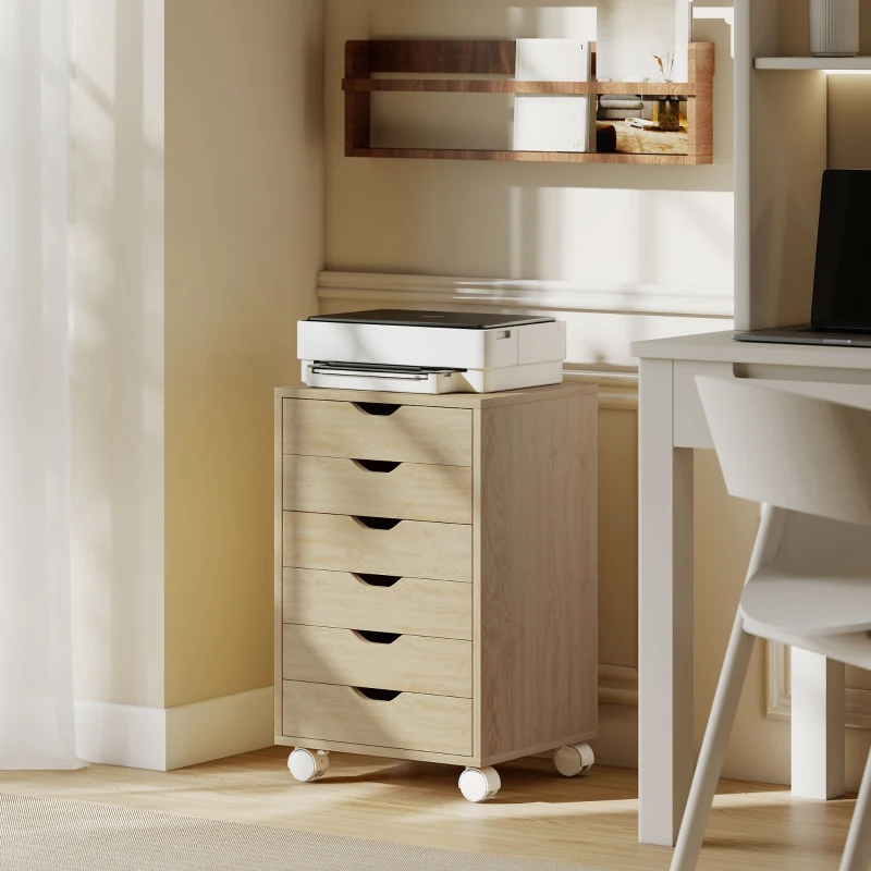 HOMCOM 6 Drawer Vertical File Cabinet, Mobile Filing Cabinet with Quiet Drawers and Wheels with 2 Brakes, Oak Wood Effect