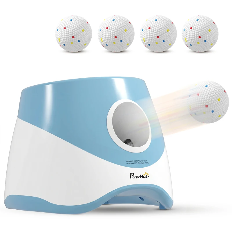 PawHut Automatic Dog Ball Launcher with 5 ETPU Balls 5.8 cm, 3 Distance Settings 6/10/14 m, Blue