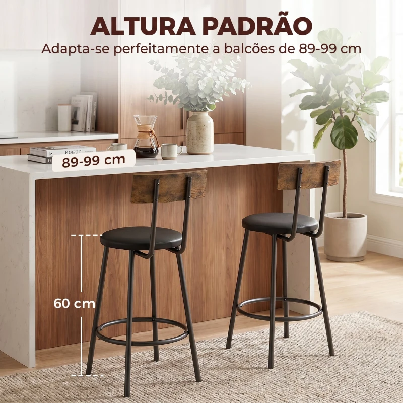 HOMCOM Conjunto 2 Bancos de Bar com Encosto e Apoio de Pés Estofados em PU 41x47x92 cm Preto