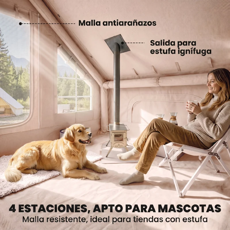 Outsunny Tienda de Campaña Inflable con Apertura de Chimenea y Claraboya Bomba Bolsa UPF30+ para 4 Estaciones Impermeable 5000+