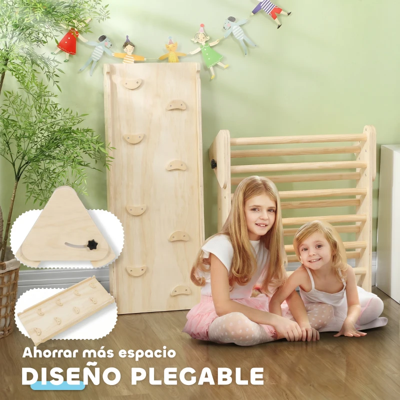 AIYAPLAY Triángulo de Escalada de Madera 3 en 1 con Rampa para Deslizarse o Escalar 147x64,5x63 cm Natural