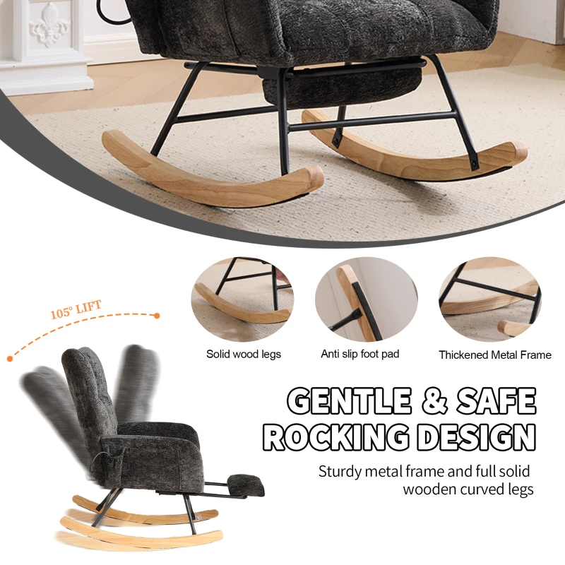 Fauteuil à bascule pour chambre d'enfant, coussin gonflable réglable, poche latérale intégrée & repose-pieds, 64x91x85 cm, Noir