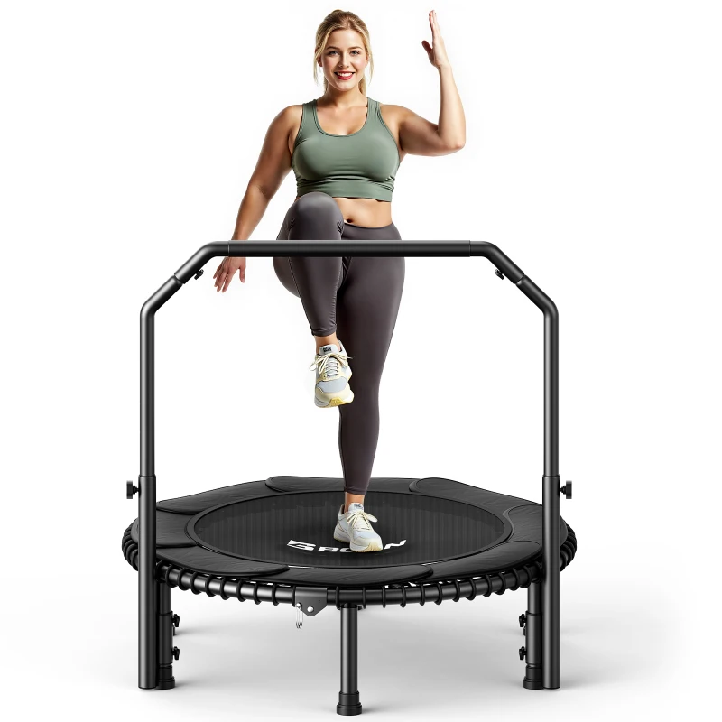 Trampolino Rebounder per Adulti, pieghevole, corrimano regolabile, appoggiapiedi antiscivolo, 102x102x106 cm, Nero