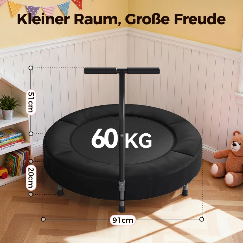 Trampolino per bambini, tappetino di salto No-Gap, maniglia in schiuma & piedini in gomma antiscivolo, 91x91x71 cm, Nero