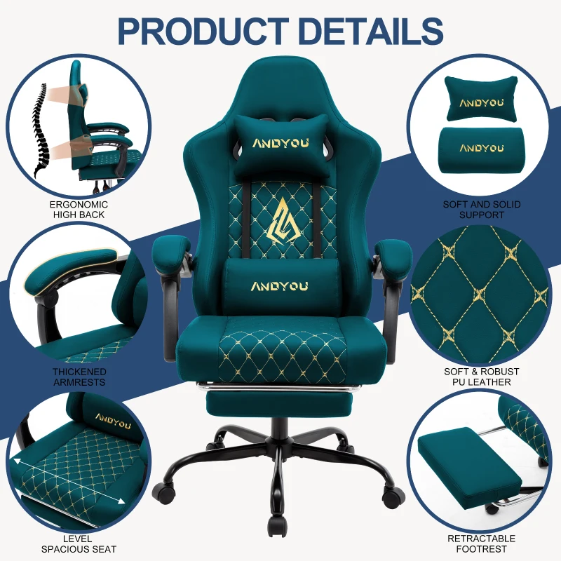 Sedia da gaming con poggiapiedi, cuscino morbido per nuca e lombare, cuscini di supporto rimovibili, 60x60x122 cm, blu marino