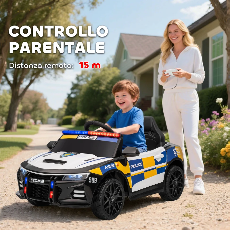 AIYAPLAY Macchina Elettrica per Bambini della Polizia con Telecomando, Clacson e Musica Integrata, 96x60x45 cm
