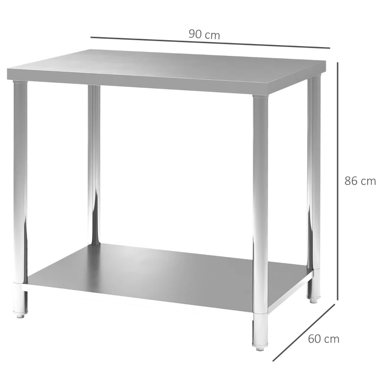 HOMCOM Mesa de Trabajo de Acero Inoxidable con 2 Estantes para Cocina Garaje Taller Carga 100 kg 90x60x86 cm Plata