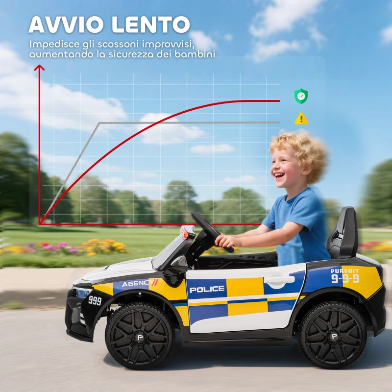 AIYAPLAY Macchina Elettrica per Bambini della Polizia con Telecomando, Clacson e Musica Integrata, 96x60x45 cm