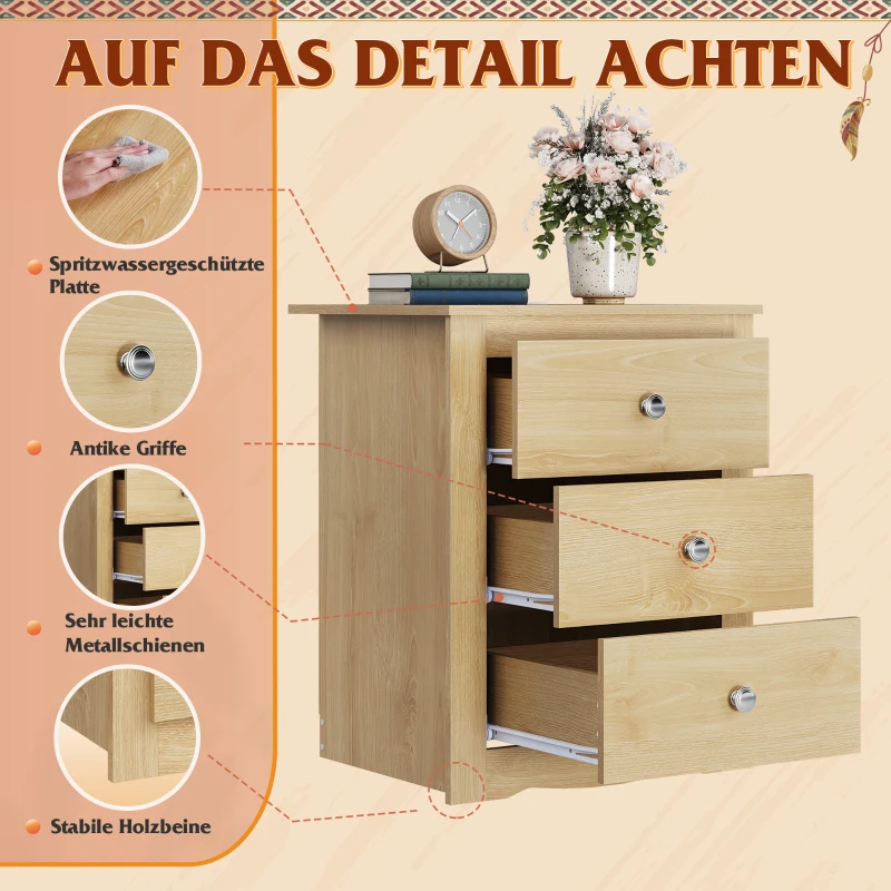 Comodino con 3 cassetti, stazione di ricarica integrata, design rustico moderno, 46,5x39,6x58,7 cm, rovere chiaro