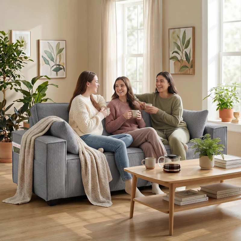 HOMCOM 218 cm 3-Sitzer Sofa, modernes Cord-Sofa mit Taschenfeder-Polsterung, breiten Armlehnen und 2 Kissen, hellgrau