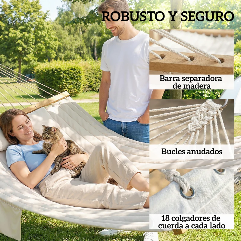 Outsunny Hamaca Acolchada de Jardín Portátil con Almohada Desmontable Bolsillo para Revistas Marco de Madera 325x140 cm Crema