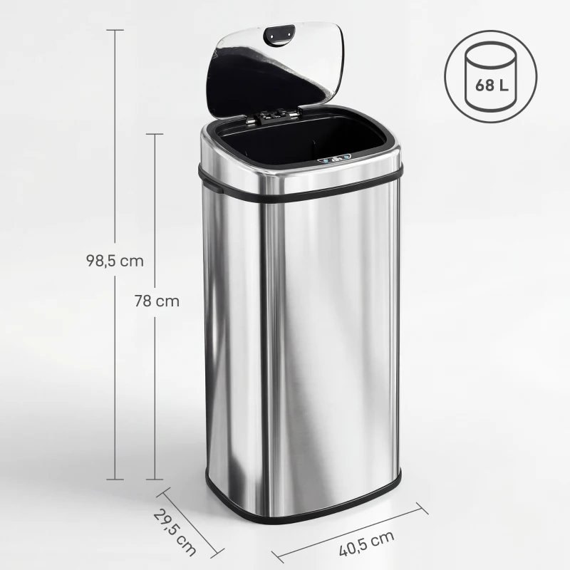 HOMCOM Sensor Mülleimer 68L Automatik Mülleimer mit Bewegungssensor, Wasserdichter Abfalleimer für Büro, Schlafzimmer, Küchen Edelstahl Silber