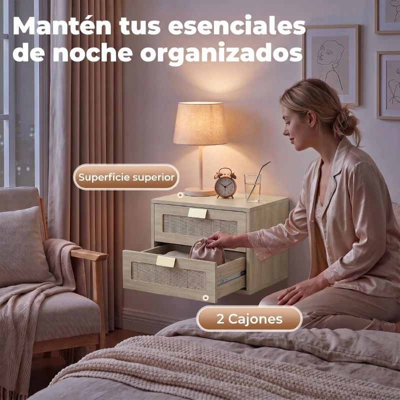 HOMCOM Juego de 2 Mesitas de Noche Flotantes con 2 Cajones con Frente de Ratán Natural para Dormitorio 40x30x27,6 cm Roble