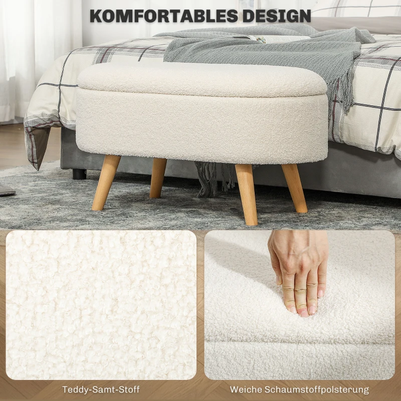 HOMCOM Zitbank met Opbergruimte en Deksel, Voethocker voor Hal, Woonkamer, Slaapkamer, Hout, Stoffen Bekleding, Wit(m-5)
