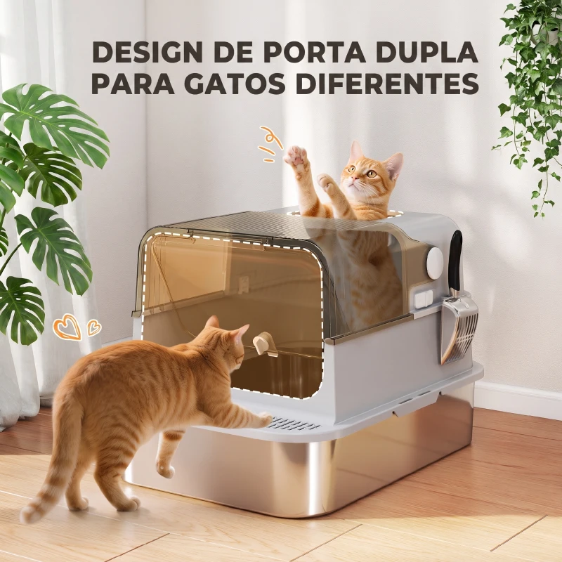 PawHut Caixa de Areia para Gatos em Aço Inoxidável para Gatos Grandes com Tampa Basculante Laterais Altas 70x50x46,5 cm Cinzento