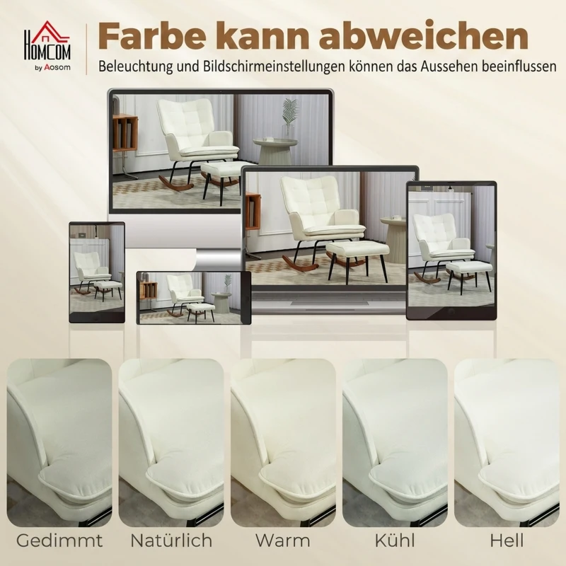 HOMCOM Schaukelstuhl mit Hocker, sanftes Schaukelsystem, Leinenimitat, 64 x 89 x 90 cm, Cremeweiß