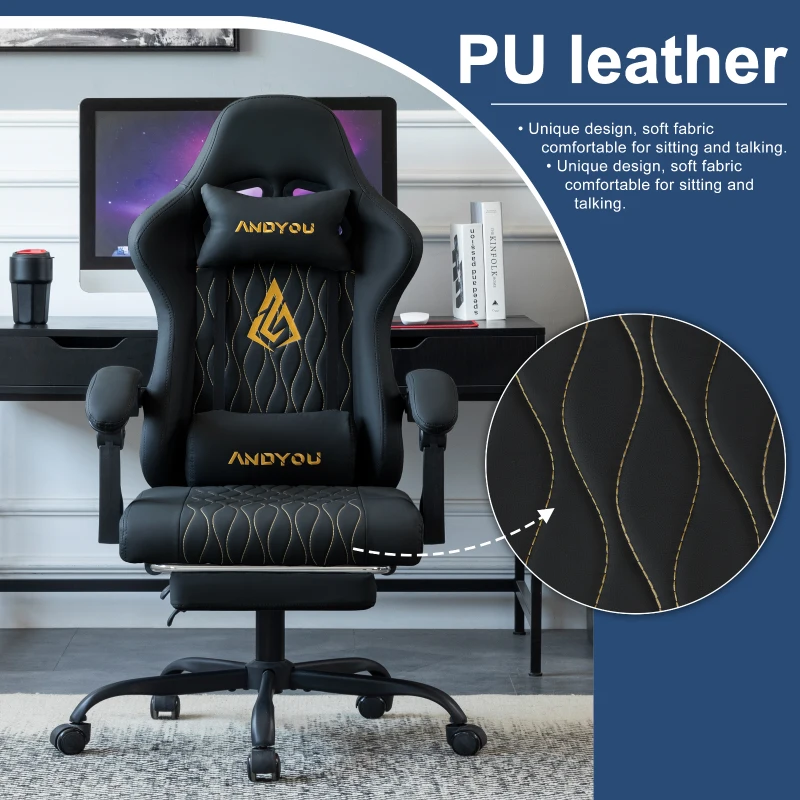 Sedia da gaming con poggiapiedi, morbido cuscino per collo e lombare, cuscini di supporto rimovibili, 60x60x122 cm, Nero