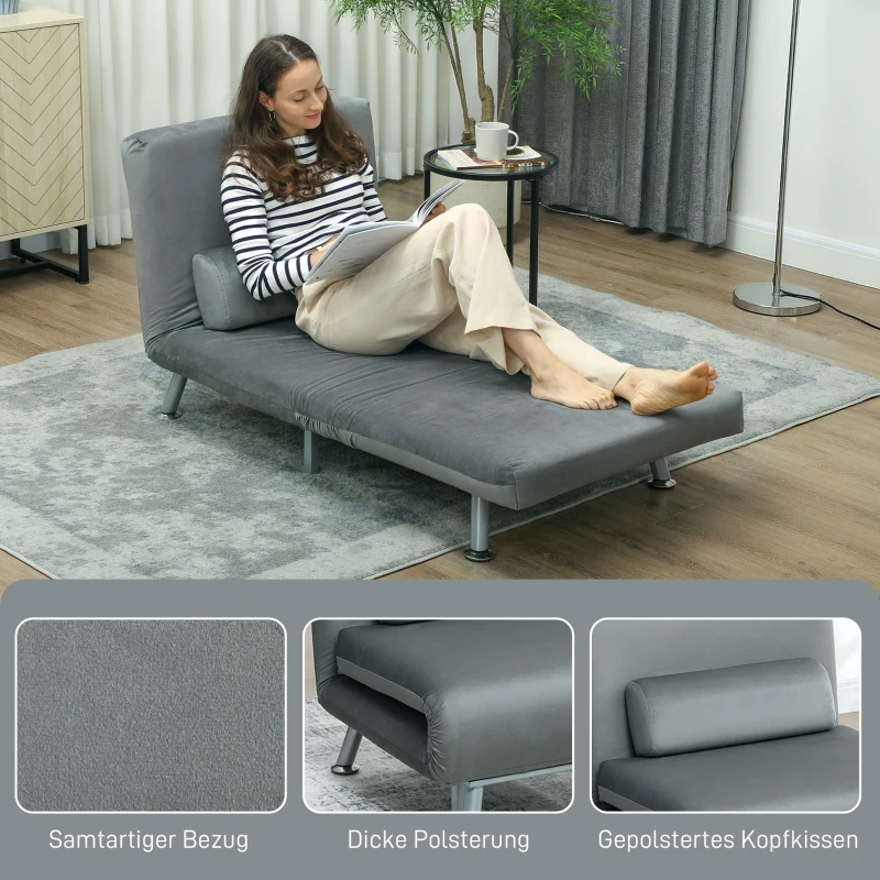 HOMCOM Opklapbare stoel met bedfunctie, opklapbare relaxstoel in fluweellook, verstelbare rugleuning, 75 x 70 x 75 cm, Grijs
