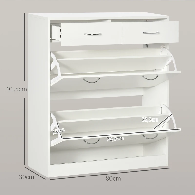 HOMCOM Mueble Zapatero Estrecho Armario de Zapatos con 2 Cajones Abatibles para 12 Pares de Zapatos 80x30x91,5 cm Blanco