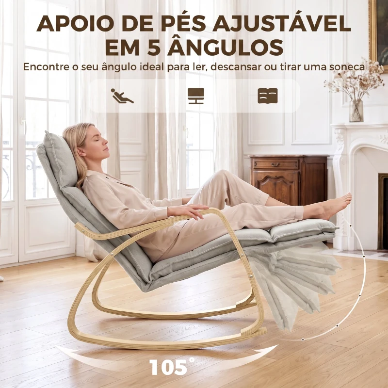 HOMCOM Cadeirão de Baloiço com Apoio para os Pés Ajustável 5 Posições Apoios de Braços em Madeira Acolchoamento Duplo Cinza Claro