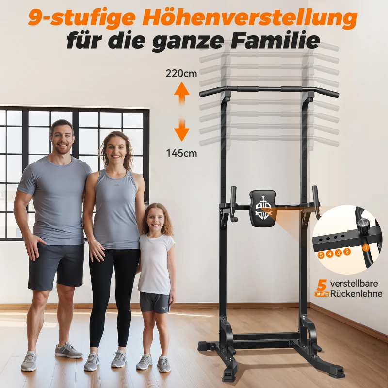 Power Tower Stazione per trazioni, 10‑in‑1 allenamento total body, schienale ispessito & allargato, 105x87x220 cm, Nero