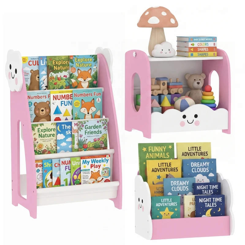 AIYAPLAY 3-in-1 Kinderregal mit Spielzeugaufbewahrung, Modularer Bücherregal mit 4 Taschen & 3 Ebenen sowie Nachttisch, Rosa