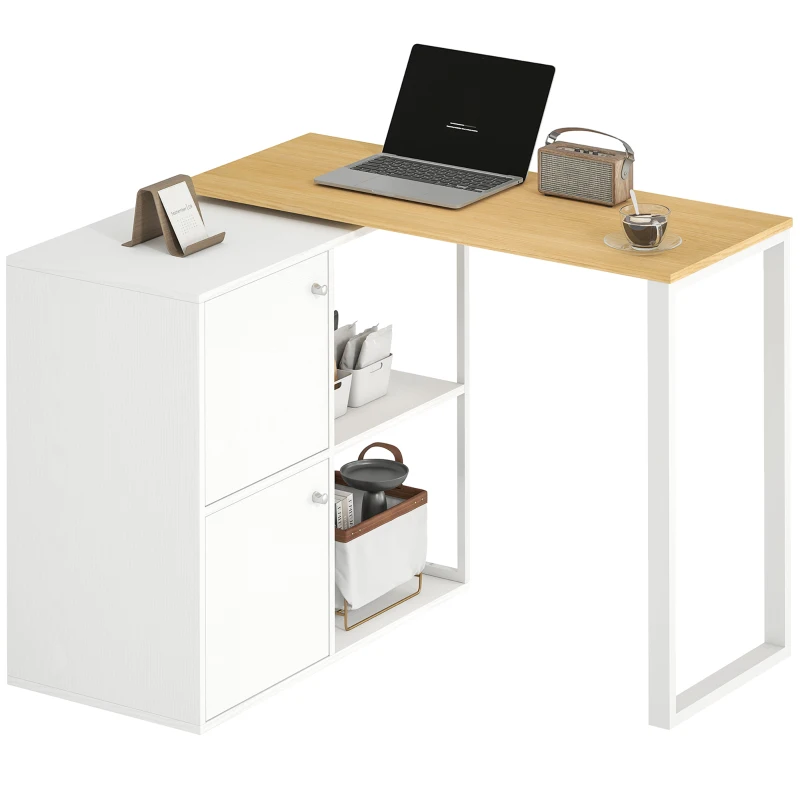 HOMCOM L-vormig bureau, 360° draaibaar hoekbureau met 2 bergkasten, 2 open planken, computertafel voor kleine ruimtes, studeerkamer, woonkamer, 150x40x75 cm, Wit(m-11)