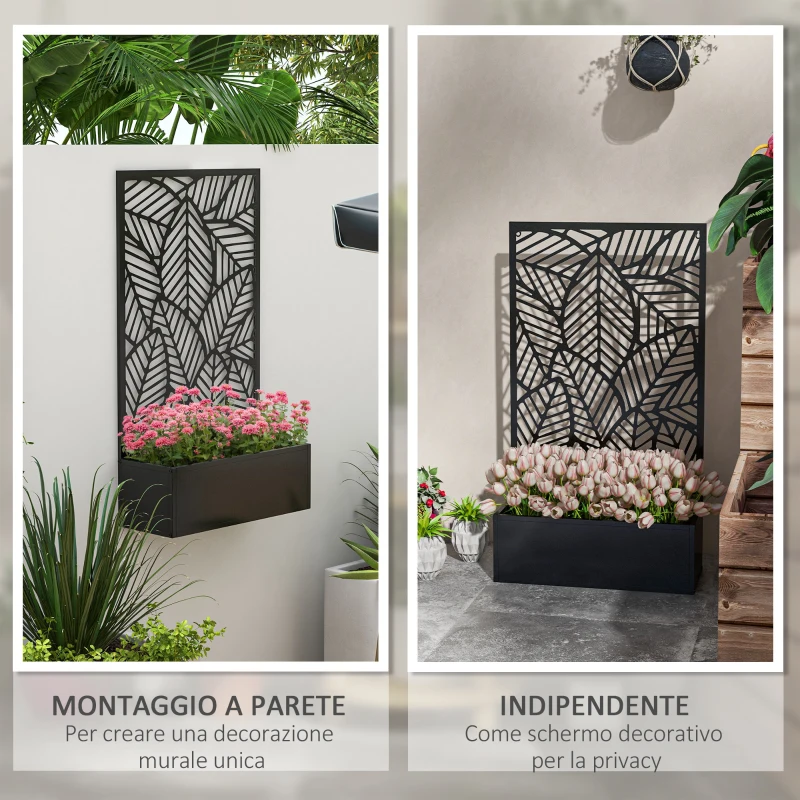 Outsunny Fioriera Rialzata con Spalliera Decorativa per Rampicanti da Terra e Parete in Metallo, 61x23x113 cm, Nero