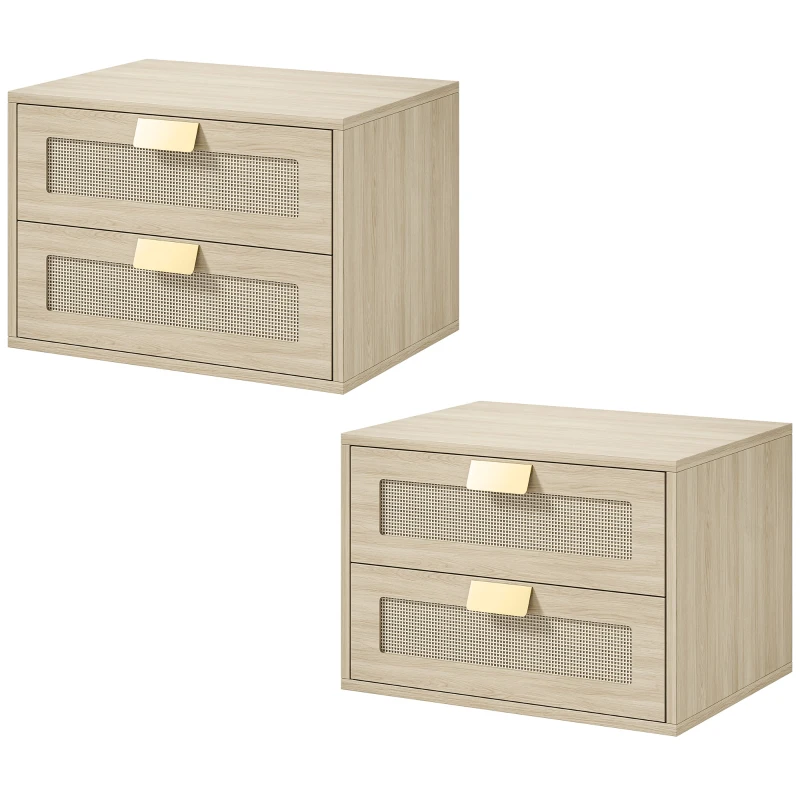 HOMCOM Juego de 2 Mesitas de Noche Flotantes con 2 Cajones con Frente de Ratán Natural para Dormitorio 40x30x27,6 cm Roble