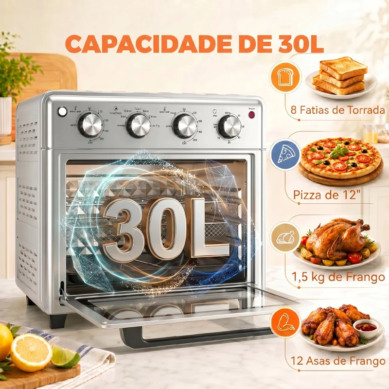 HOMCOM Forno Elétrico de Bancada 30 L 1600 W com Air Fryer, 7 Funções e Temporizador, 43x39x39 cm, Prateado