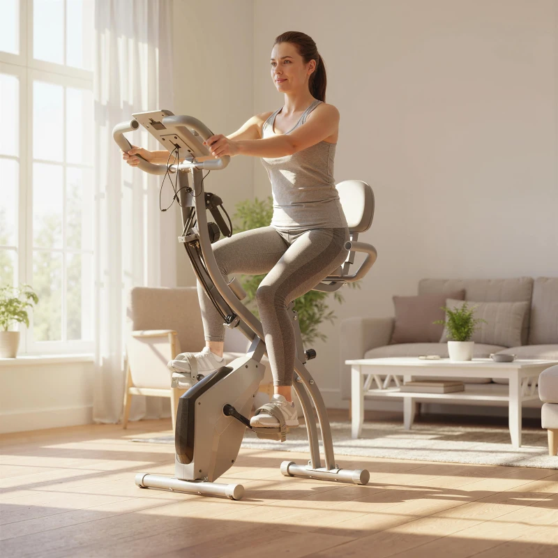 HOMCOM Bicicleta Estática Plegable 3 en 1 con Respaldo y 8 Niveles Resistencia Magnética, Bicicleta Estática en Casa Ajustable con Monitor LCD Volante Bandas Sensor de Pulso Soporte de Teléfono Gris