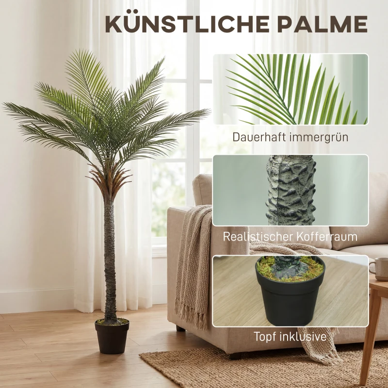 HOMCOM Künstliche Palme 180 cm Groß Kunstpalme Kunstpflanze im Topf wie echt für Wohnzimmer Balkon