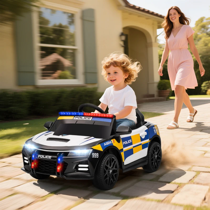 AIYAPLAY 12V Kinder Elektroauto Polizei Polizeiauto mit Fernbedienung Sirene Warnlicht Musik & Hupe Doppelmotoren Federung Weiß