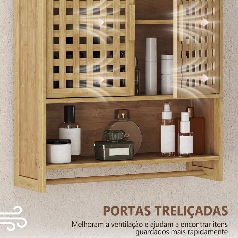 HOMCOM Armário de Casa de Banho de Parede em Bambu com 2 Portas Ripadas, Prateleira Aberta e Ajustável Natural