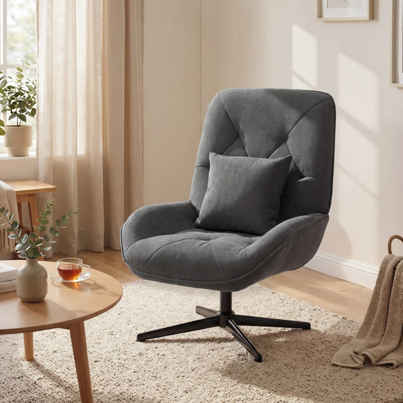 HOMCOM Draaibare Accentstoel, Chenille Gestoffeerde Fauteuil met Lendenkussen, Hoge Rugleuning, Diepe Zitting, Donkergrijs