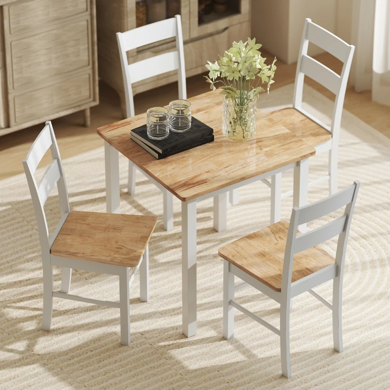 HOMCOM Set van 2 Keukenstoelen, Rubberhout, Gebogen Lattenrugleuning, Wit