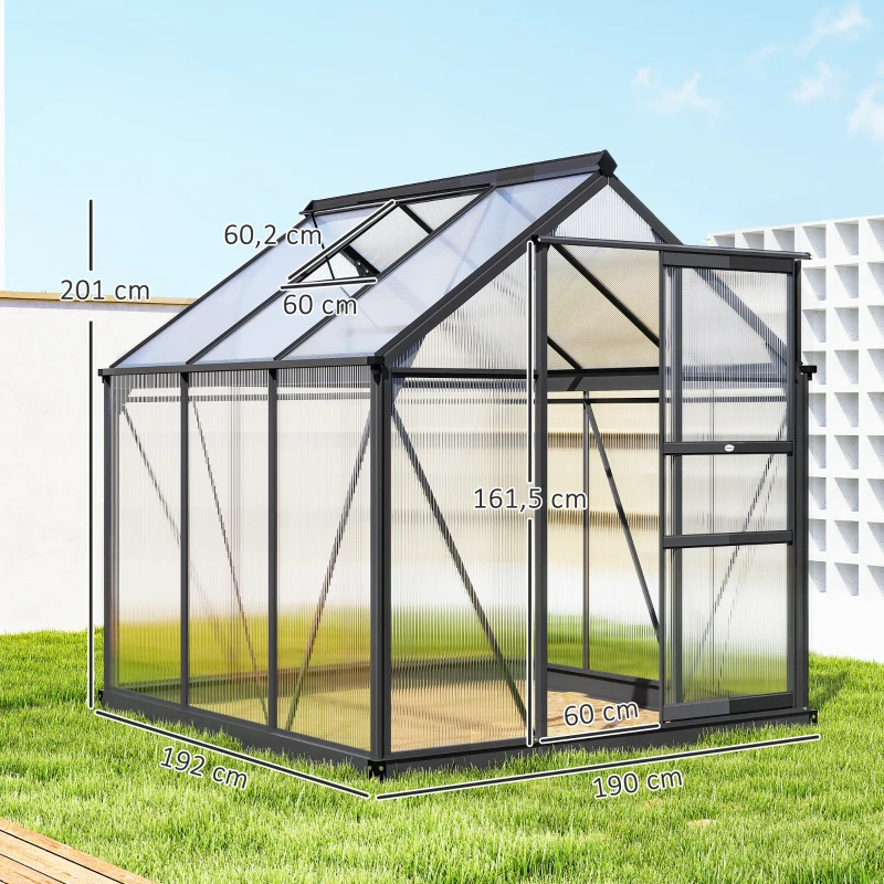 Outsunny Gewächshaus Aluminium 3,65m² 190x192x201cm mit Fundament Dachfenster Schiebetür 4 mm Platten, UV-beständig