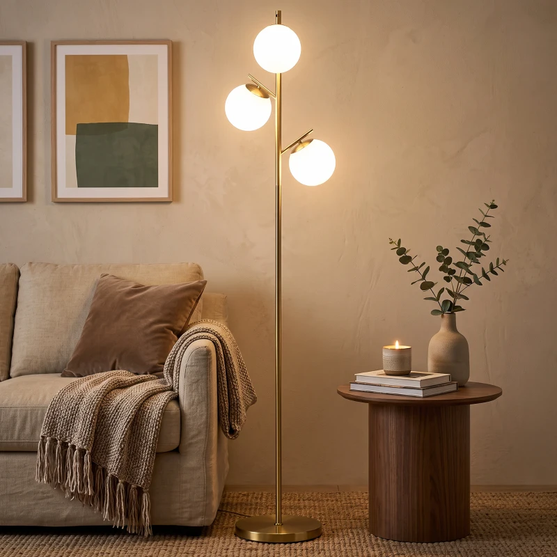 HOMCOM 3-Light Tree Floor Lamps for Living Room, Modern Standing Lamp for Bedroom with Globe Lampshade, Steel Base, Bulb not Included, Gold Tone