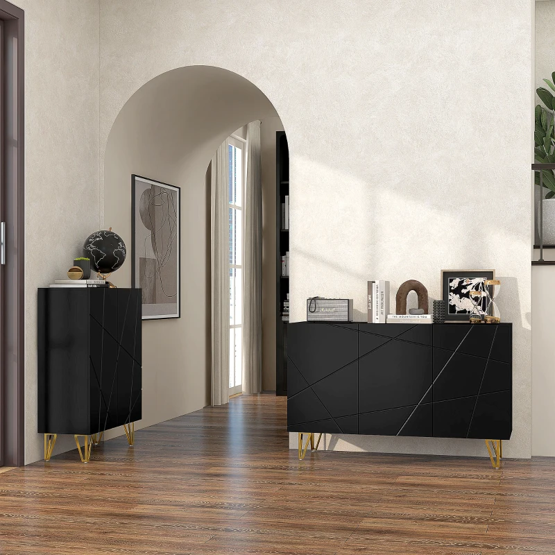 HOMCOM Sideboard Wohnzimmer, Hochglanz-Aufbewahrungsschrank, 3 Soft-Close-Türen und verstellbare Einlegeböden, 120x40x75cm, Schwarz