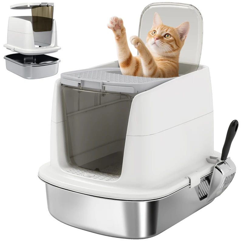 PawHut Katzentoilette Edelstahl, geschlossene Katzentoilette mit Schaufel, Geruchsbeutel, Einstieg Ausgang(m-12)