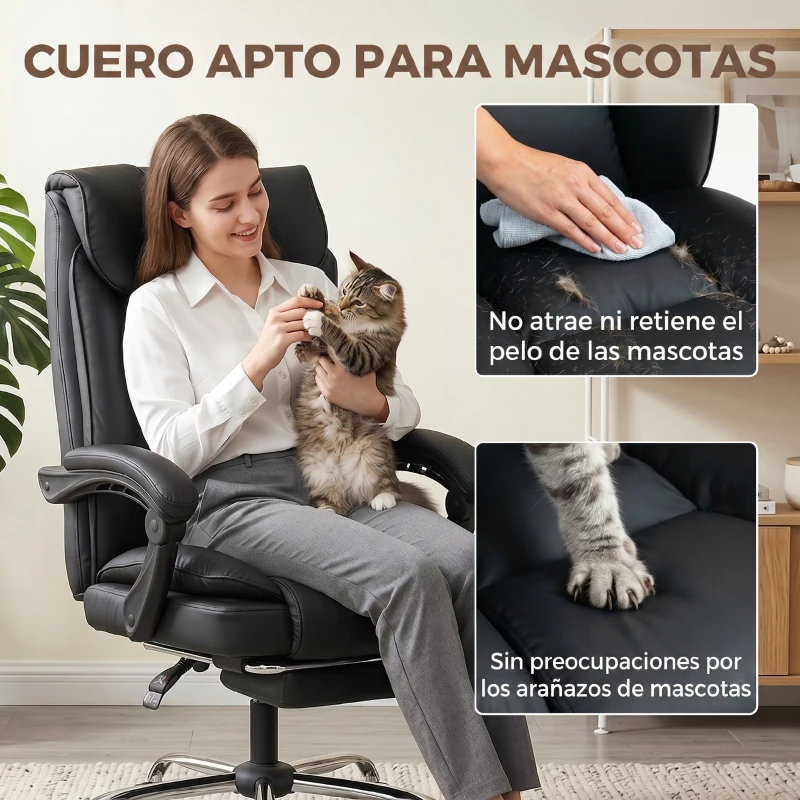 HOMCOM Silla de Oficina Reclinable a 155° con Reposapiés, Doble Acolchado y Revestimiento en Piel Sintética, Negro