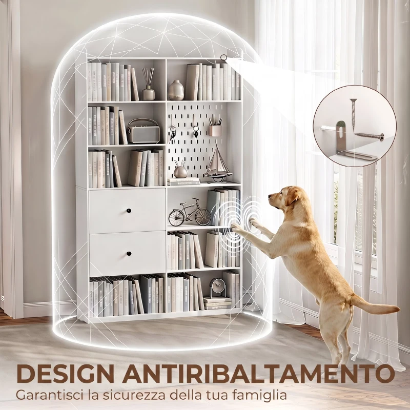 HOMCOM Libreria Doppia a 6 Livelli con Cassetti e Pannello Forato, 120x30x200 cm, Bianco