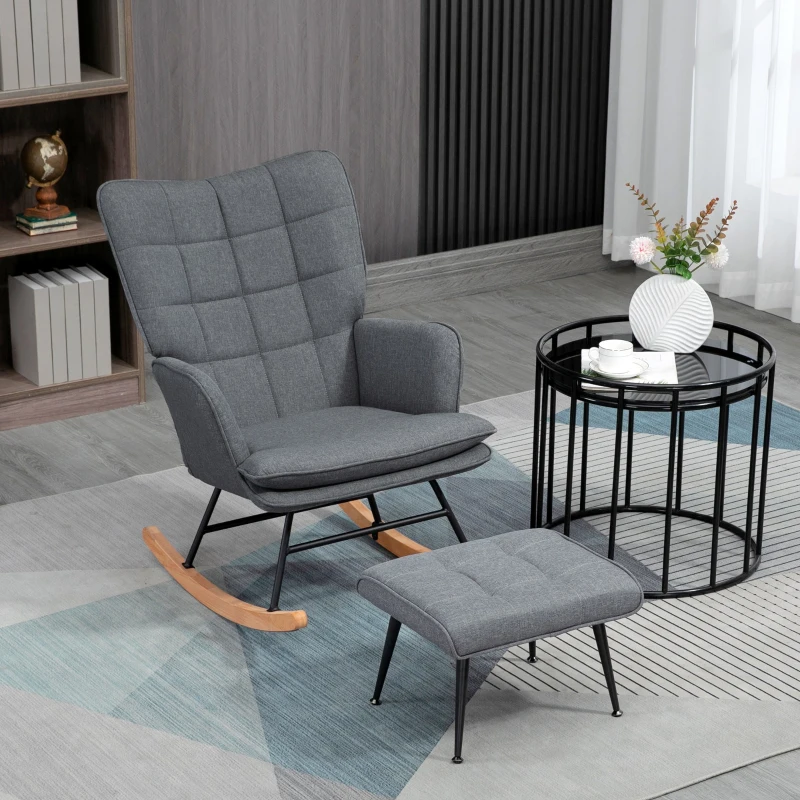 HOMCOM Schaukelstuhl mit Hocker, komfortabel, bis 130 kg, Leinenoptik, 64x89x90cm, Grau(m-10)