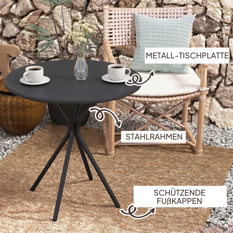 Outsunny Bistrotisch Ø60 x 70 cm, Wetterfest Balkontisch aus Stahl, Runder Esstisch mit Fußpolster Schwarz