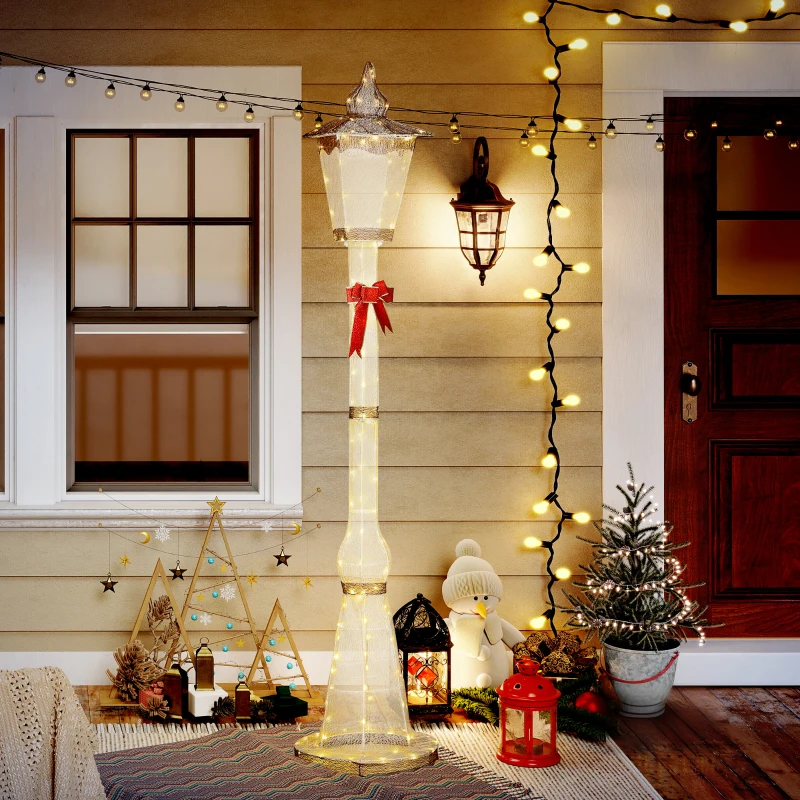 Outsunny 2,15 m verlichte lantaarnpaal, 155 LEDs, outdoor kerstlantaarn, rode strik, waterdicht, voor tuin, terras